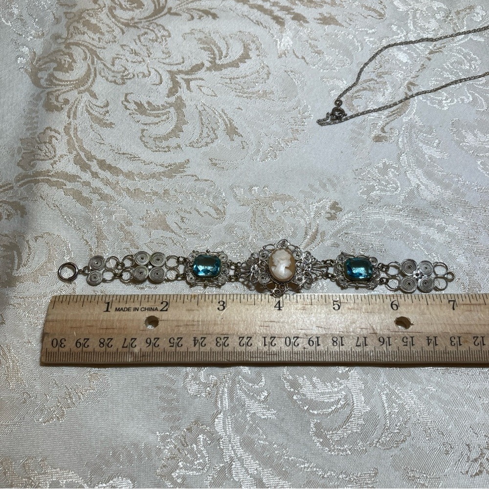 Vintage Silver and Blue Filigree Cameo Necklace & Bracelet set 1930’s - Picture 3 of 13